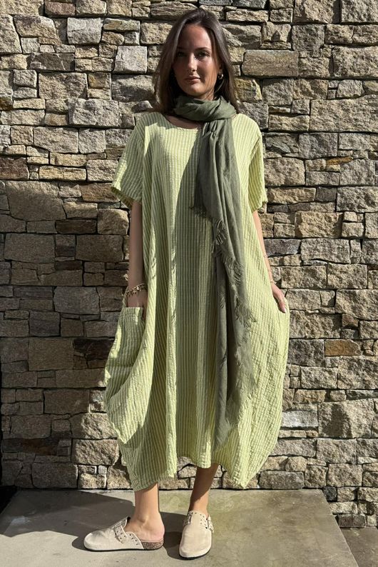 Salcombe Chalk Stripe Cotton Cocoon Dress Soft Olive